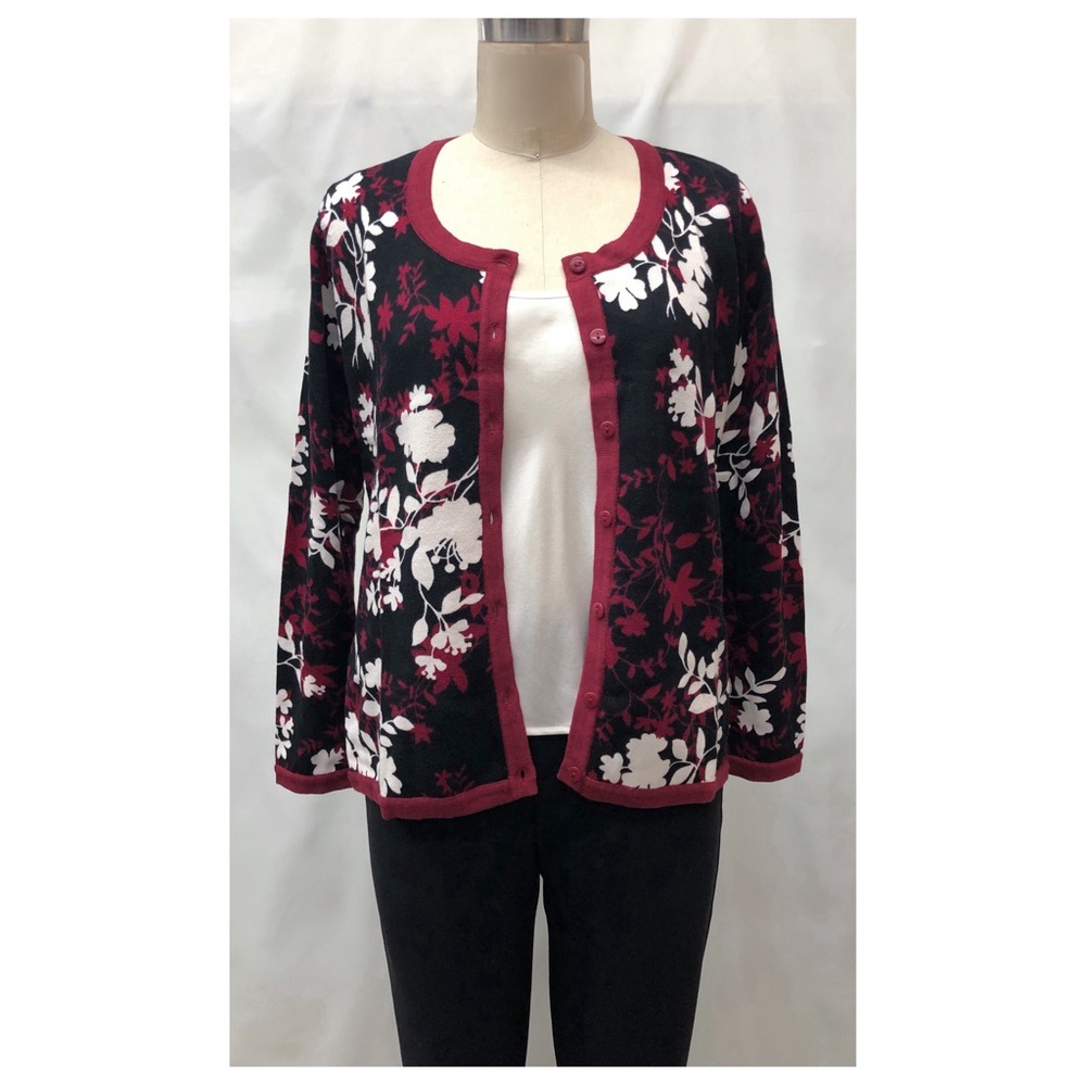 Appleseed's Red Black White Knit Floral Print Cardigan